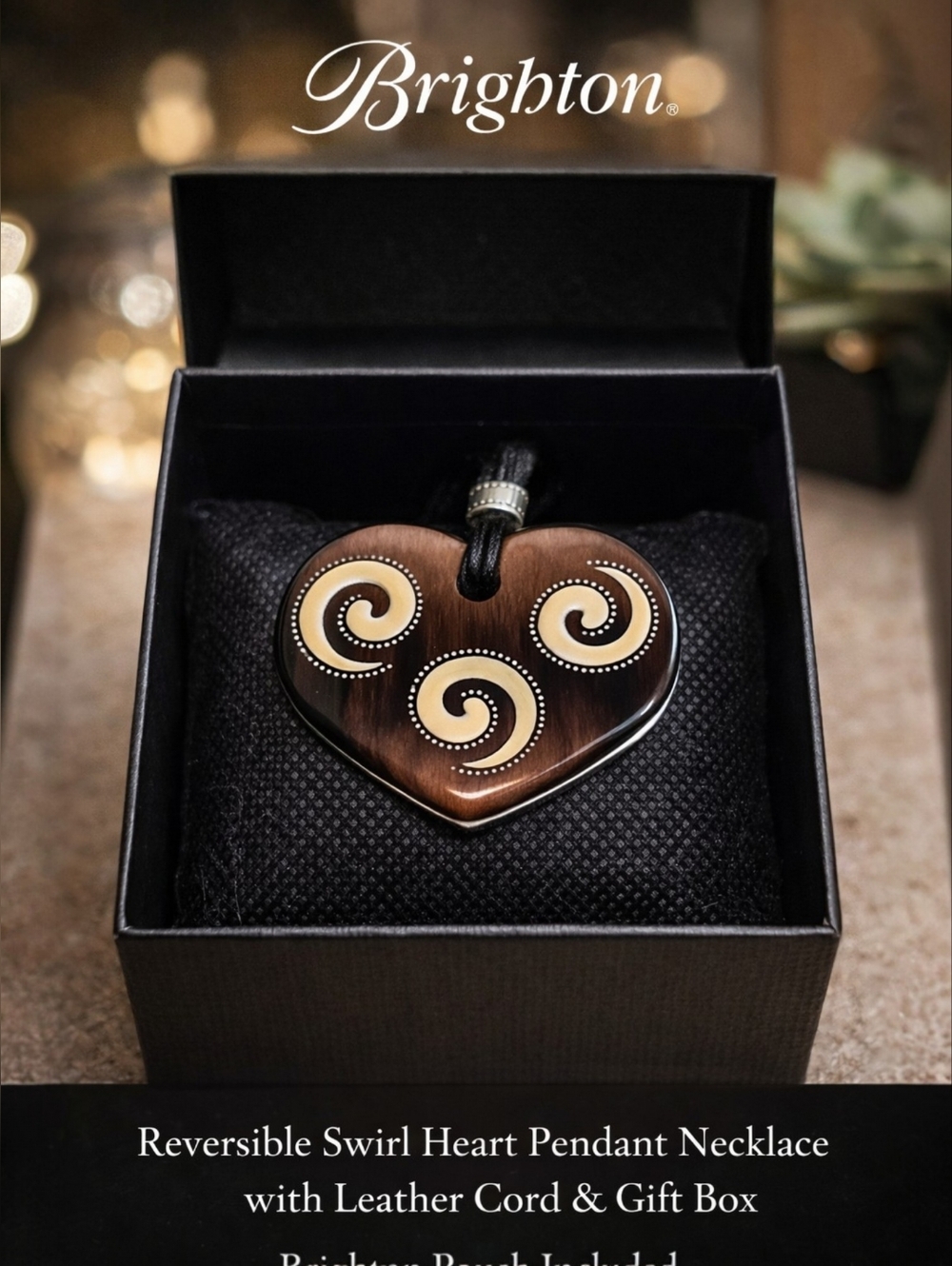 Brighton Reversible Swirl Heart Pendant Necklace Leather Cord w/ Box & Pouch EUC